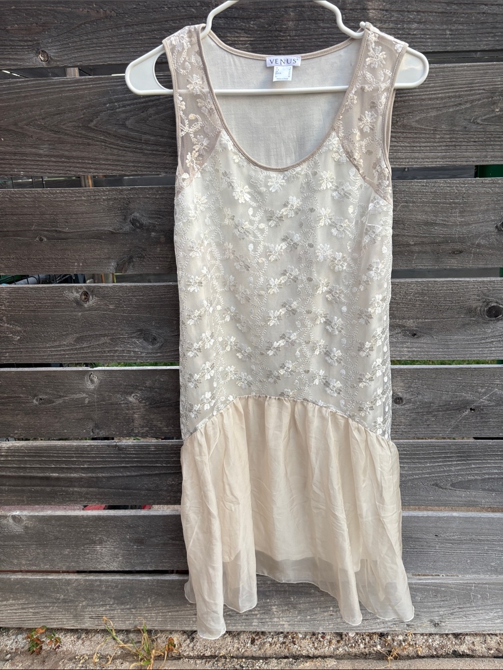 VENUS Cream Floral Lace Scoop Neck Dress with Sheer Hem